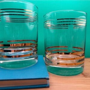Vintage Mid-Century Modern Gold Stripe Rocks Glasses Set of 2